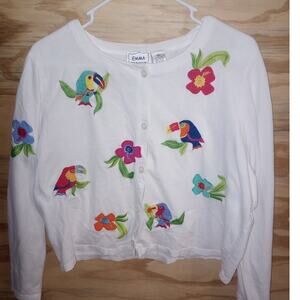 Women's VTG Emma Tricot Parrot Bird Cardigan XL Embroidered Tropical Resortwear
